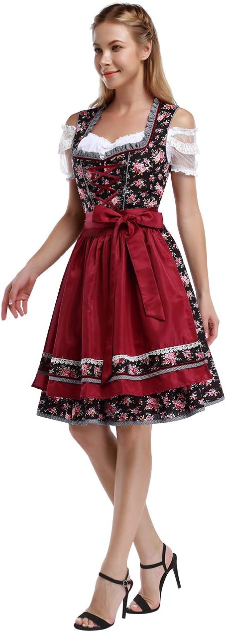 KOJOOIN Trachtenkleid Damen Dirndl Kurz Midi 3tlg. für Oktoberfest-DREI Teilig: Kleid, Bluse, Schürz