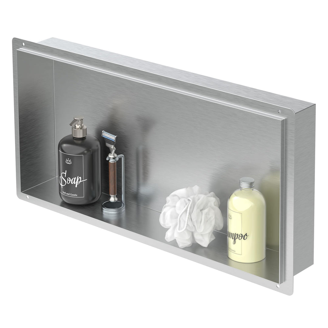 LuxeBath Wandnische aus Edelstahl, 60x30x10 cm, Silber, Duschnische, Randlos, Einbauregal, Flexibler