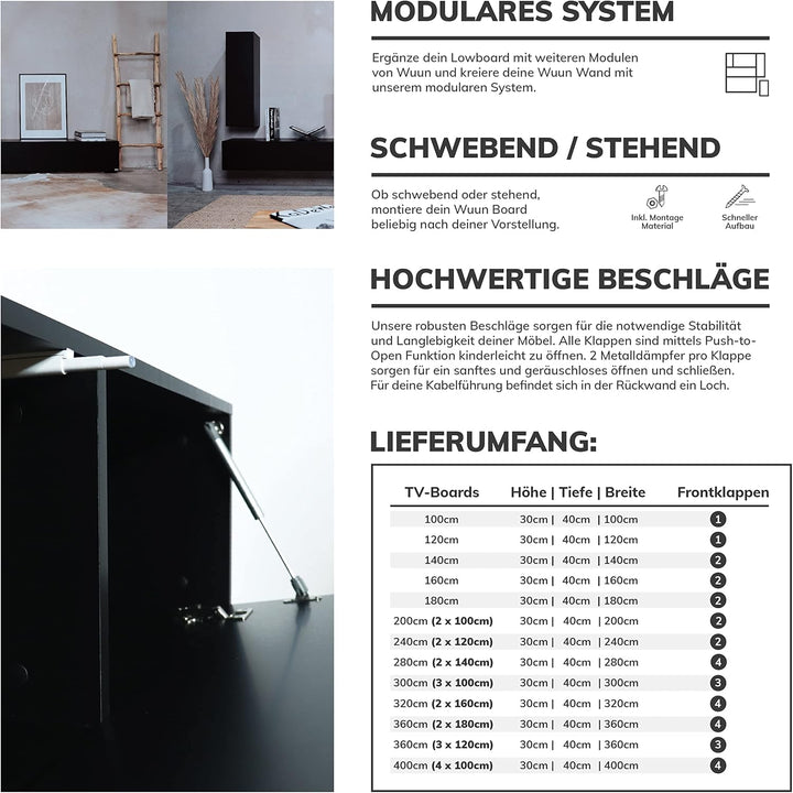 Wuun® TV Lowboard TV Board hängend I 100cm-280cm I Hängeschrank Wohnwand/Somero I Schwarz-Matt/Weiss