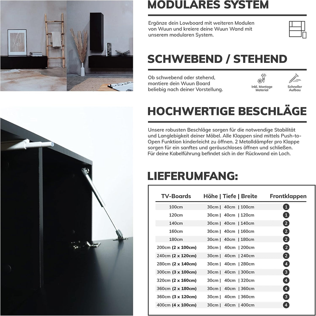 Wuun® TV Lowboard TV Board hängend I 100cm-280cm I Hängeschrank Wohnwand/Somero I Schwarz-Matt/Weiss