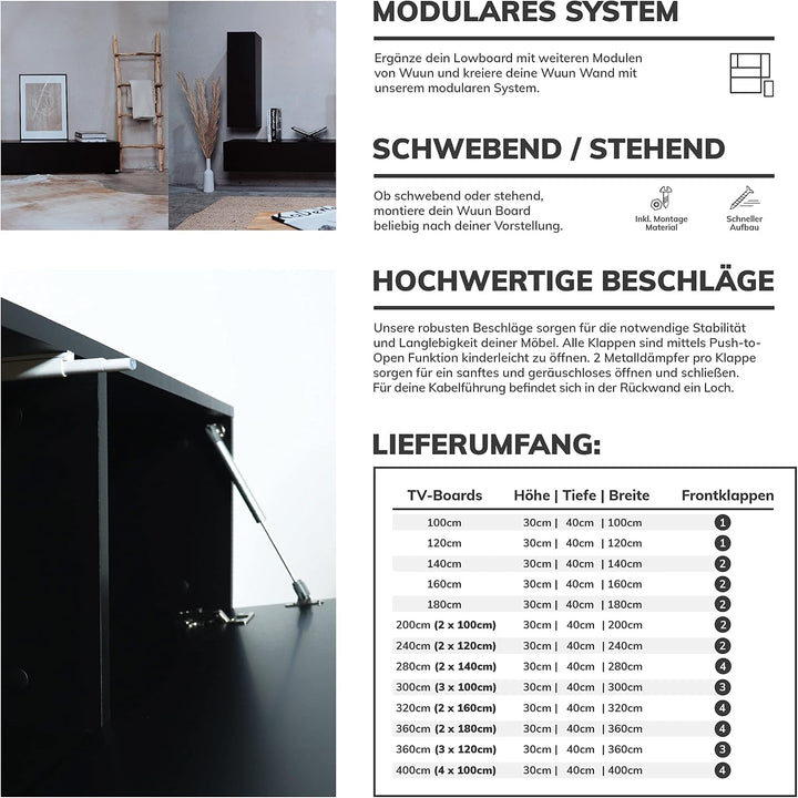 Wuun® TV Lowboard TV Board hängend I 100cm-280cm I Hängeschrank Wohnwand/Somero I Schwarz-Matt/Weiss