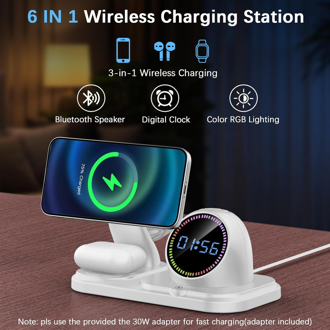Ladestation Apple Watch und iPhone,6 in 1 Wireless Charger mit Bluetooth, Uhr, RGB LED, induktive la