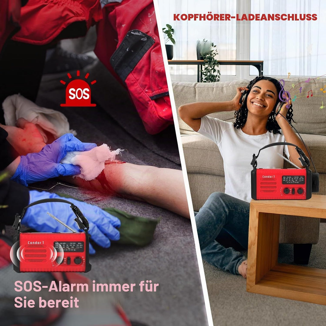 20000mAh / 74000mWh Notfallradio, Solar-Hand Kurbelradio AM/FM/NOAA-Wetterradio, batteriebetrieben m
