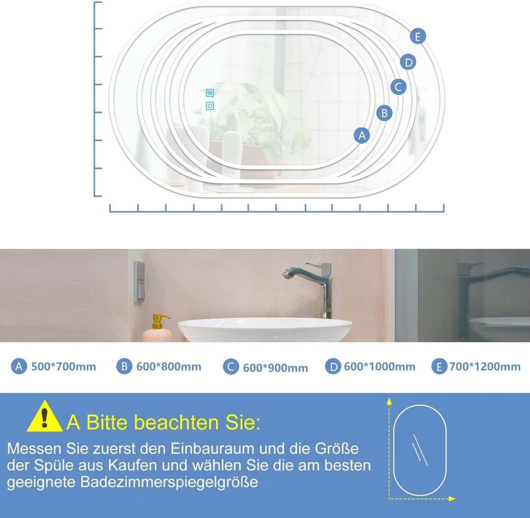 Ovaler Badspiegel mit Beleuchtung 50x70 cm LED Spiegel Bad mit Touch-Schalter Beschlagfrei Badezimme
