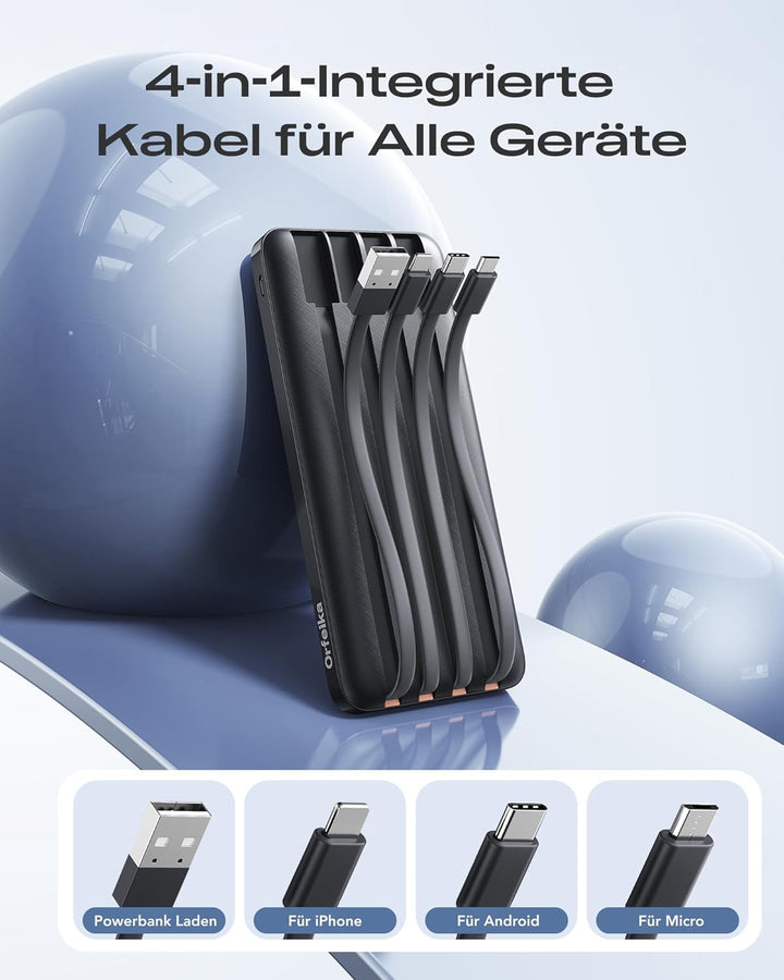 Orfeika 20000mAh Powerbank mit 4 Integrierten Kabeln, 20W PD-Schnellladung Power Bank, Externer Akku