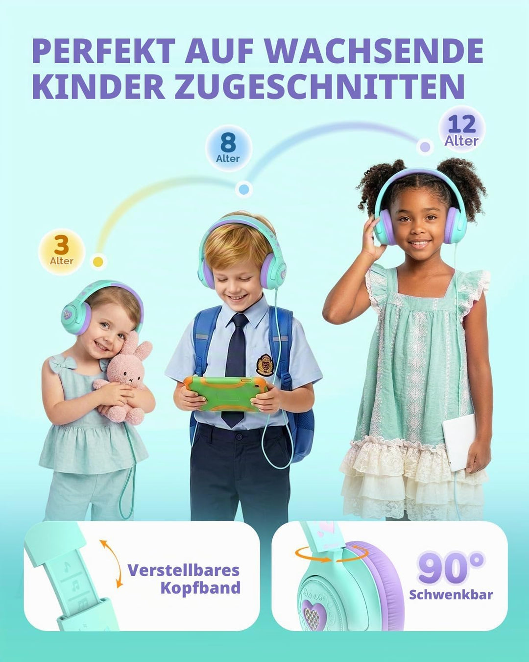iClever kopfhörer Kinder,85 dBA Sicherer Klang,Faltbarer Over-Ear 3.5 mm kopfhörer Kinder mit Kabel,