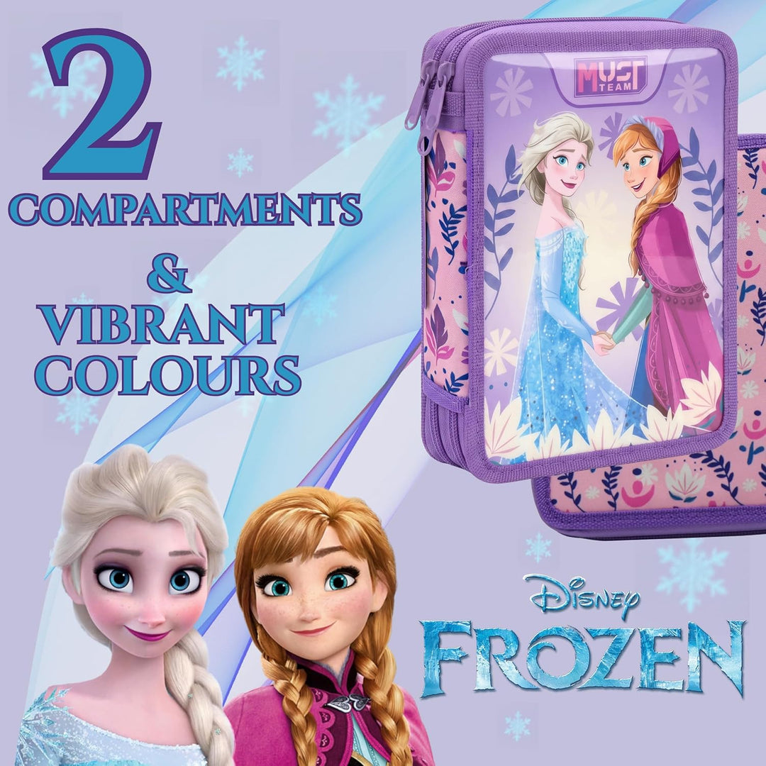 Disney Doppeldecker-Federmäppchen gefüllt mit Schreibwaren für Kinder (Lila Frozen Doppelreissversch