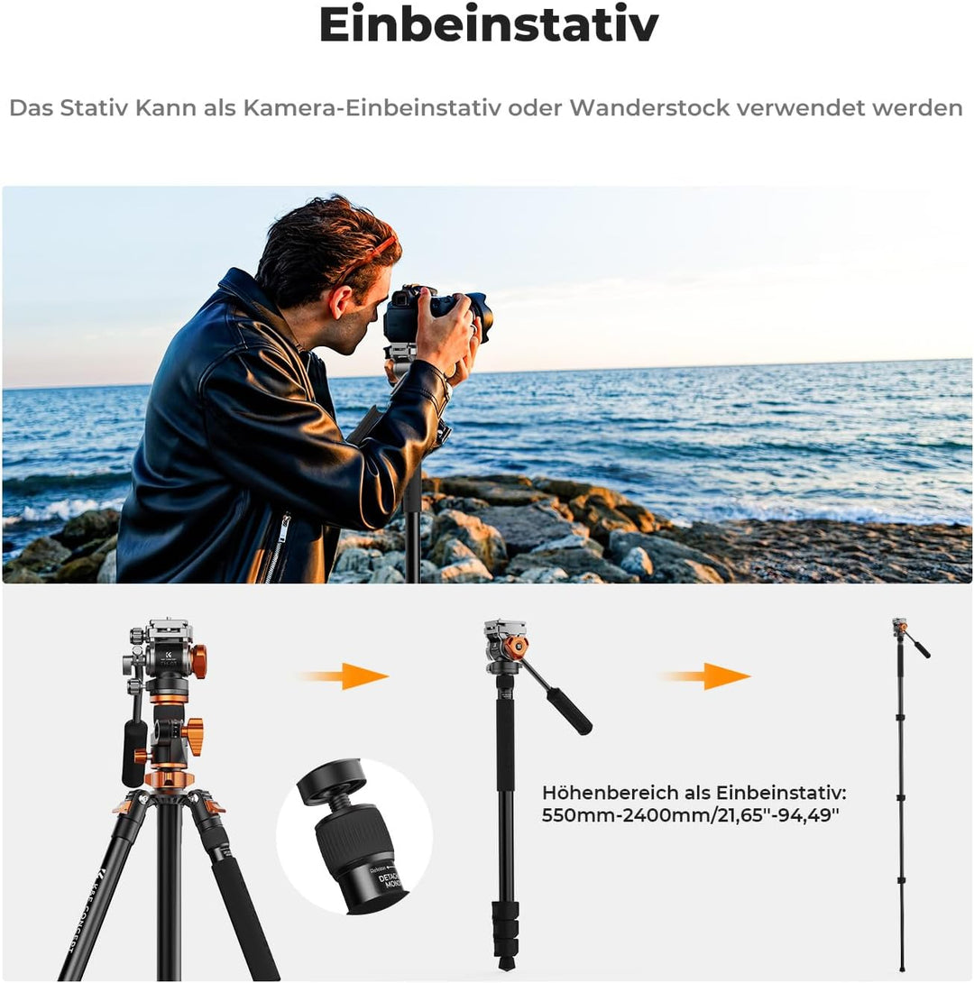 Kamera Stativ,K&F Concept Videostativ Video Tripod mit Fluidkopf,231cm Stativ mit 90° Mittelsäule un