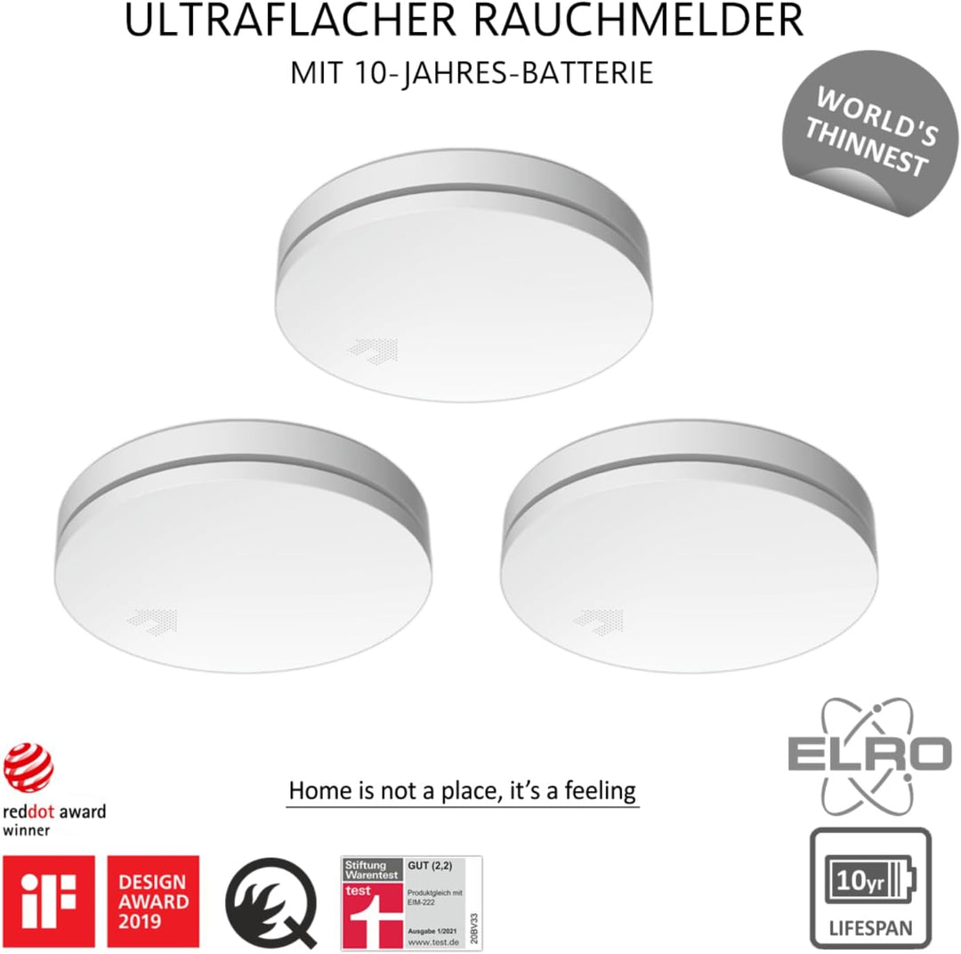 ELRO FS4610 Ultraflacher Rauchmelder, 10 Jahre Batterie, Q-Label, EN14604, 3er-Pack Rauchmelder 3 St