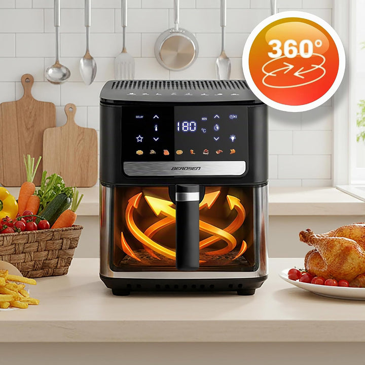 Berdsen Heissluftfritteuse XL 6,5L - Airfryer mit Sichtfenster und Touchscreen - 1700W - 8 Programme