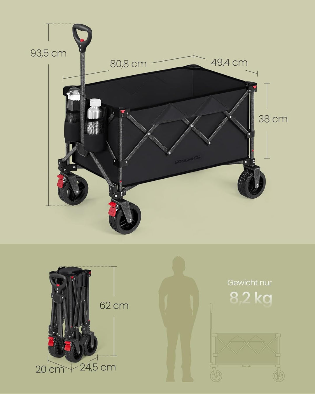 SONGMICS Handwagen faltbar, Bollerwagen, Gartenwagen, Campingwagen mit Griff, 4 abnehmbaren Rollen,
