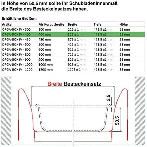 Orga-Box® IV UNIVERSAL Besteckeinsatz Besteckkasten silbergrau für 40er Schublade (473,5 x 326 mm) B