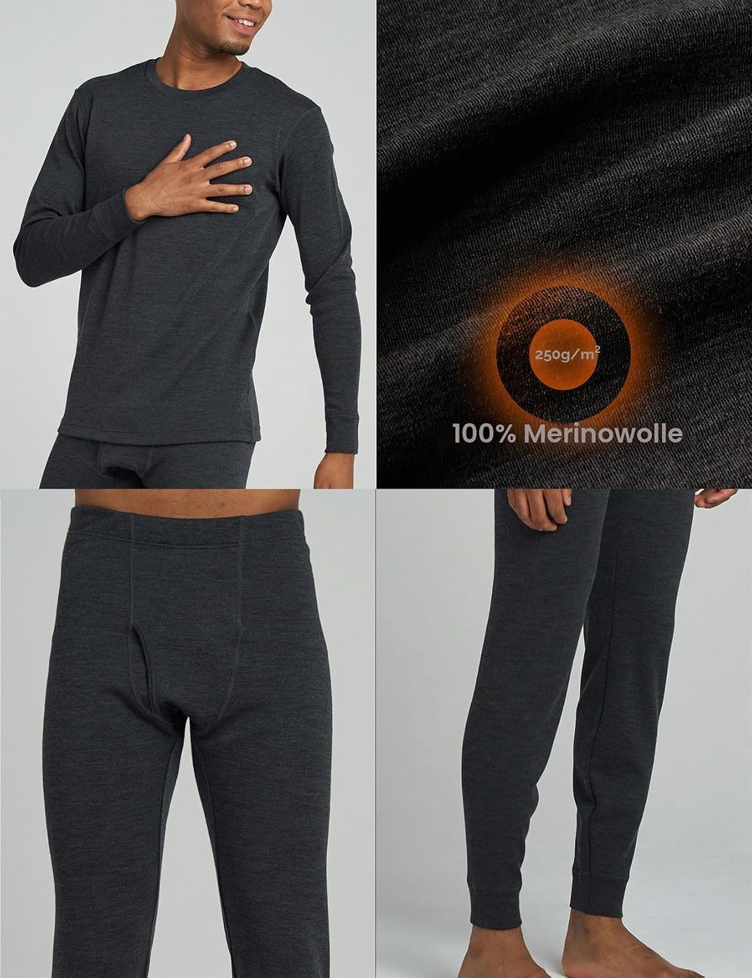 LAPASA 100% Merino Wolle Unterwäsche Herren Set Shirt &amp; Hose S .Dunkelgrau 250, S .Dunkelgrau 250