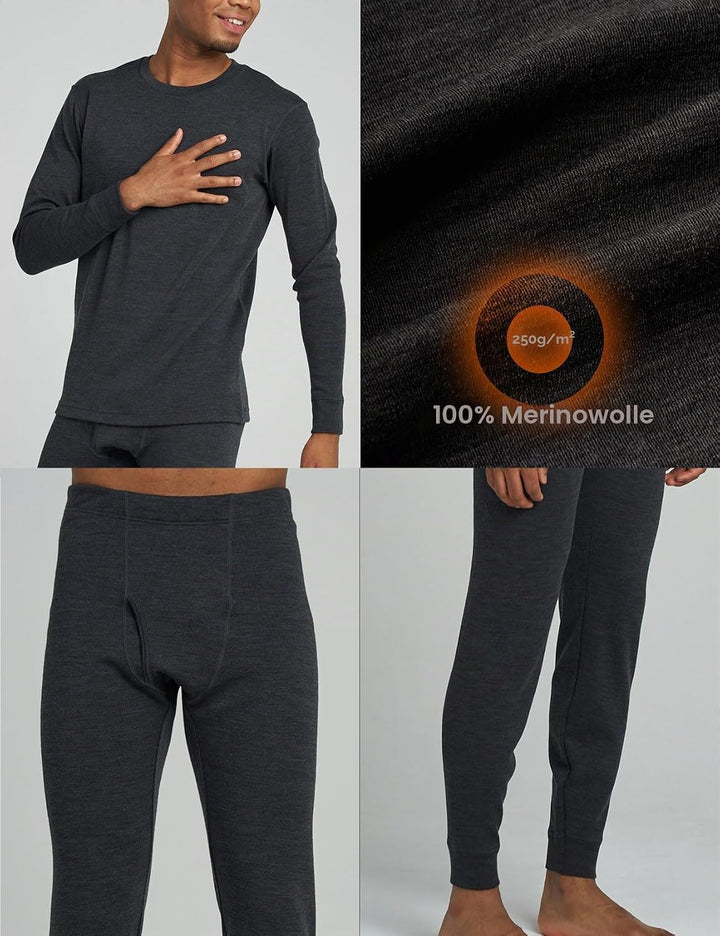 LAPASA 100% Merino Wolle Unterwäsche Herren Set Shirt &amp; Hose S .Dunkelgrau 250, S .Dunkelgrau 250