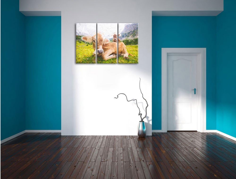 Pixxprint Almkuh in den Bergen Kunst als Leinwandbild/Grösse: 3 Teilig (120x80 cm) cm/Wandbild/Kunst