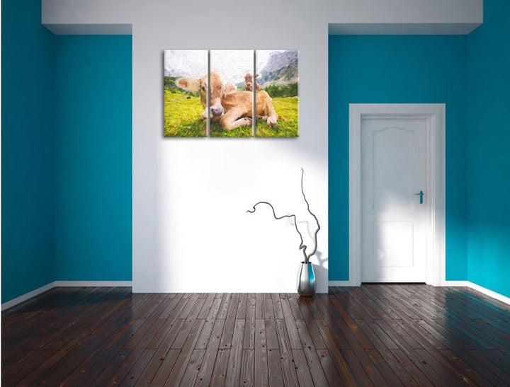 Pixxprint Almkuh in den Bergen Kunst als Leinwandbild/Grösse: 3 Teilig (120x80 cm) cm/Wandbild/Kunst
