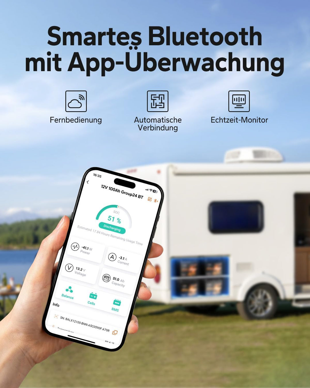 LiTime 12V 100Ah LiFePO4 Batterie Group 24 mit Bluetooth 5.0, 1280Wh, 100A BMS, Niedrigtemperatur-La