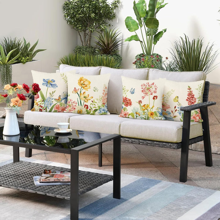 Bonhause 4er Set Kissenbezüge Blumen 45 x 45 cm Blume Garten Polyester Leinen Dekorative Kissenhülle
