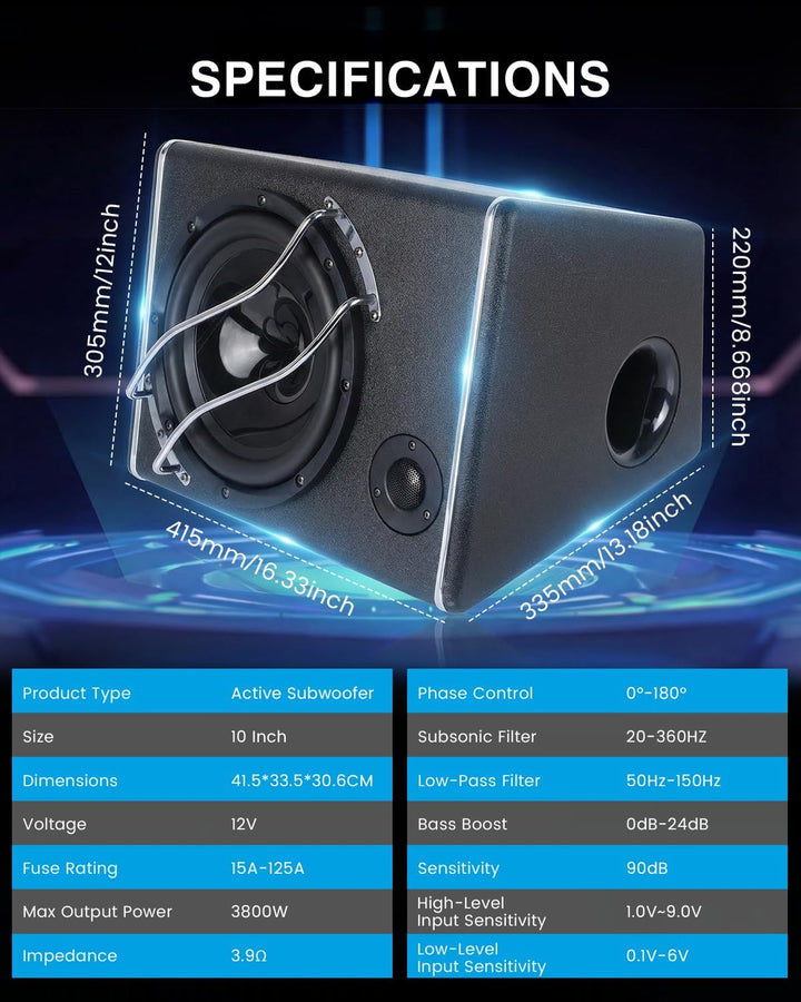Kofferraum-Subwoofergehäuse mit Integriertem Verstärker, leistungsstarker Gehäuse Subwoofer mit 3800