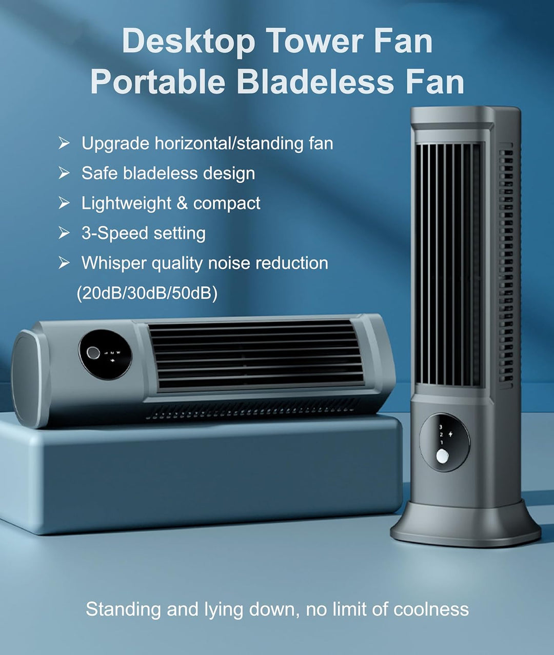 Jiawu 10'' Turmventilator für Schlafzimmer, Flügelloser Tischventilator mit 3 Geschwindigkeiten, Kom