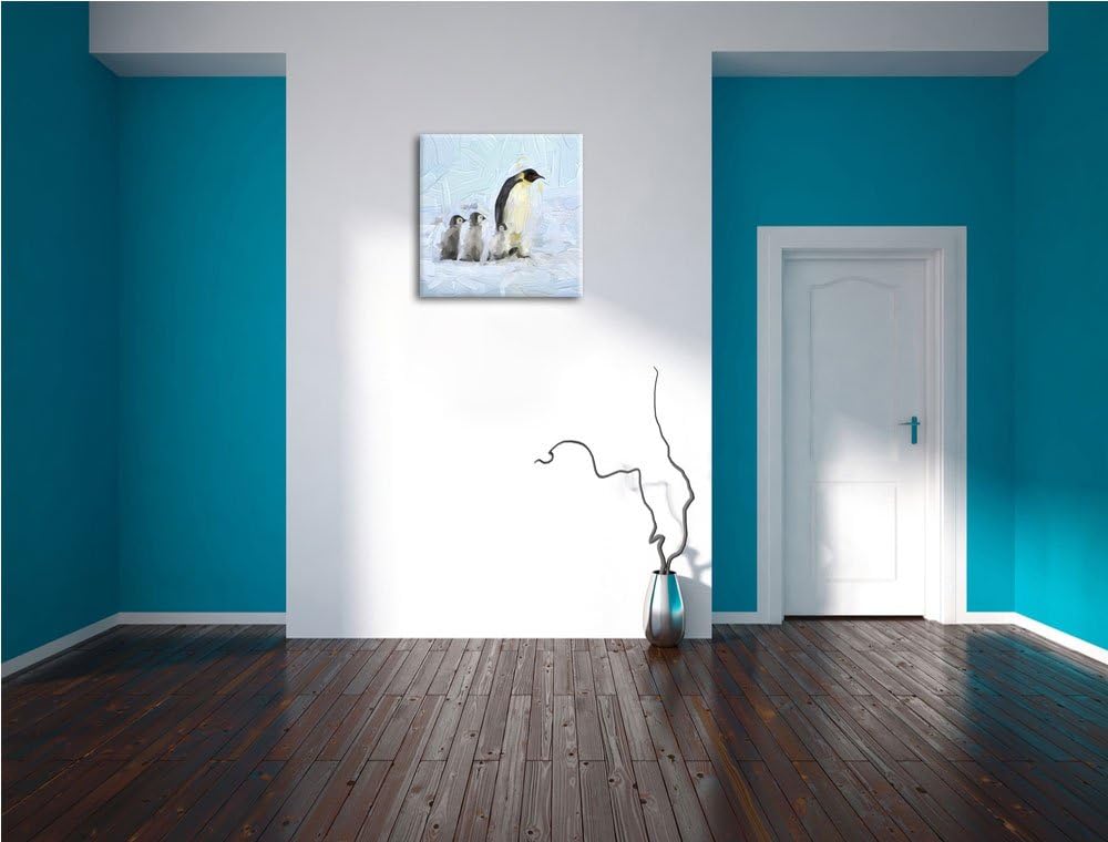 4 Kaiserpinguine im Schnee, Format: 70x70 auf Leinwand, XXL riesige Bilder fertig gerahmt mit Keilra