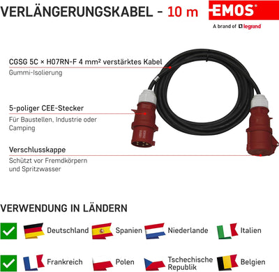 EMOS CEE-Verlängerungskabel 10m 5-polig Stecker, 5X 32 A / 400V / 22 000 W, 4 mm2, IP44 wasserdichte