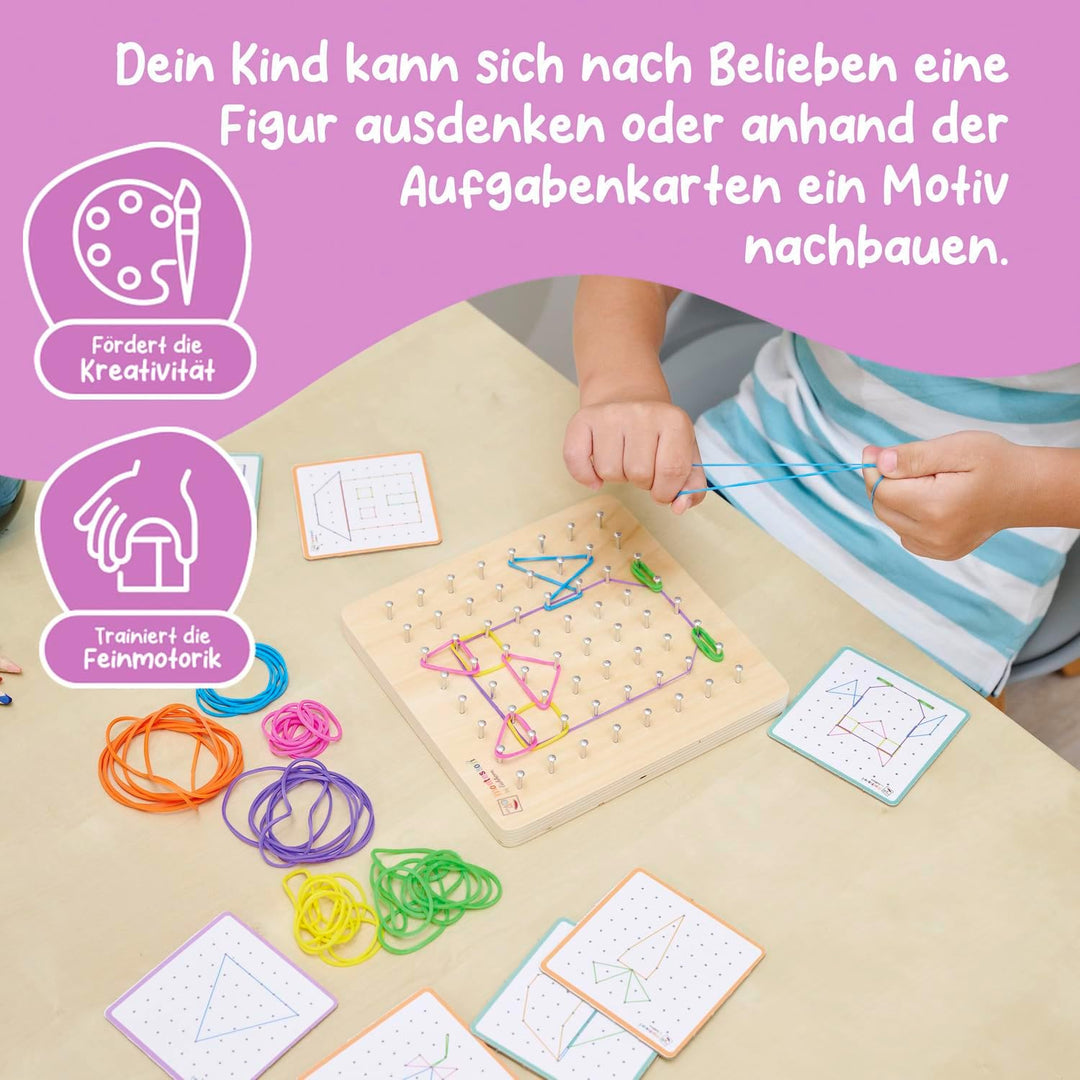 Eichhorn – Montessori – Geometriebrett mit 64 Nägeln und 30 farbigen Gummis, fantasievolles befestig