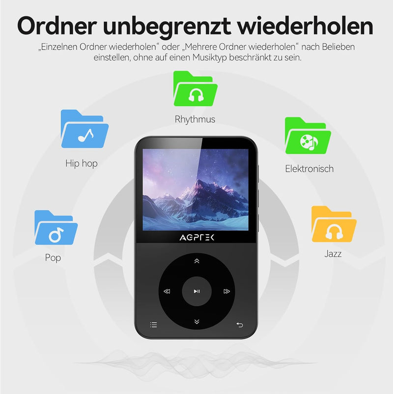 AGPTEK 64GB MP3 Player Bluetooth 5.3, mit 2,3 Zoll TFT horizontalem Farbbildschirm, MP3 Player mit K