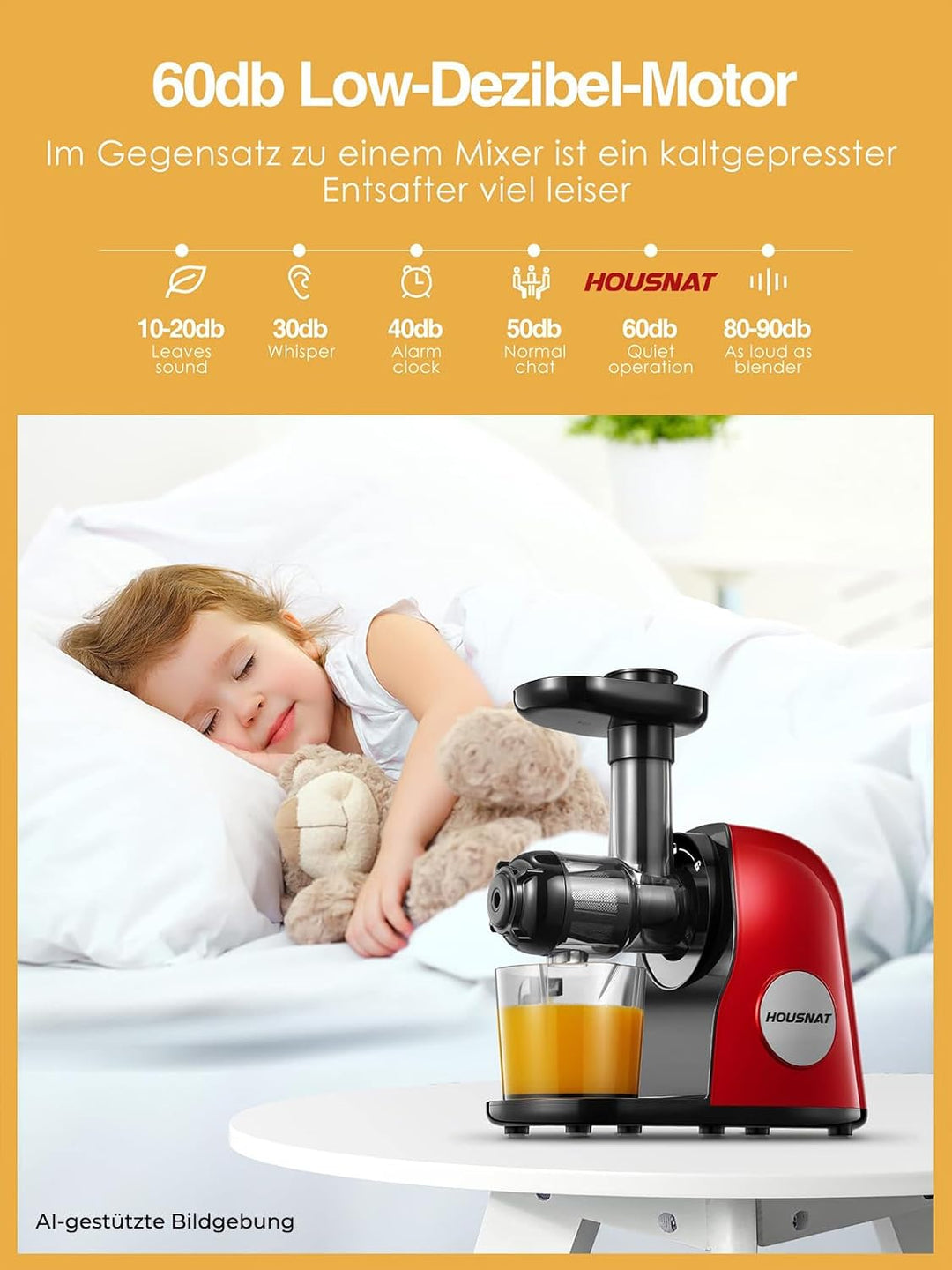 Slow Juicer Entsafter, HOUSNAT Entsafter Gemüse und Obst, Profi Entsafter mit Ruhigem Motor │Umkehrf