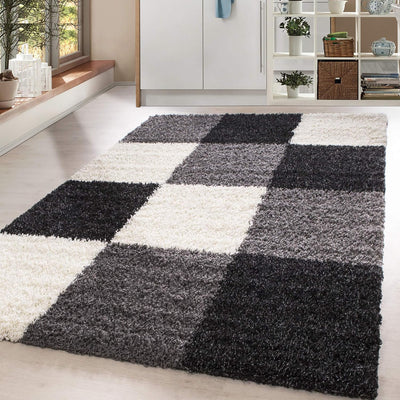 HomebyHome Teppich Wohnzimmer Shaggy Hochflor Schwarz Läufer 80x150 cm Kariert Läufer Flur - Flausch