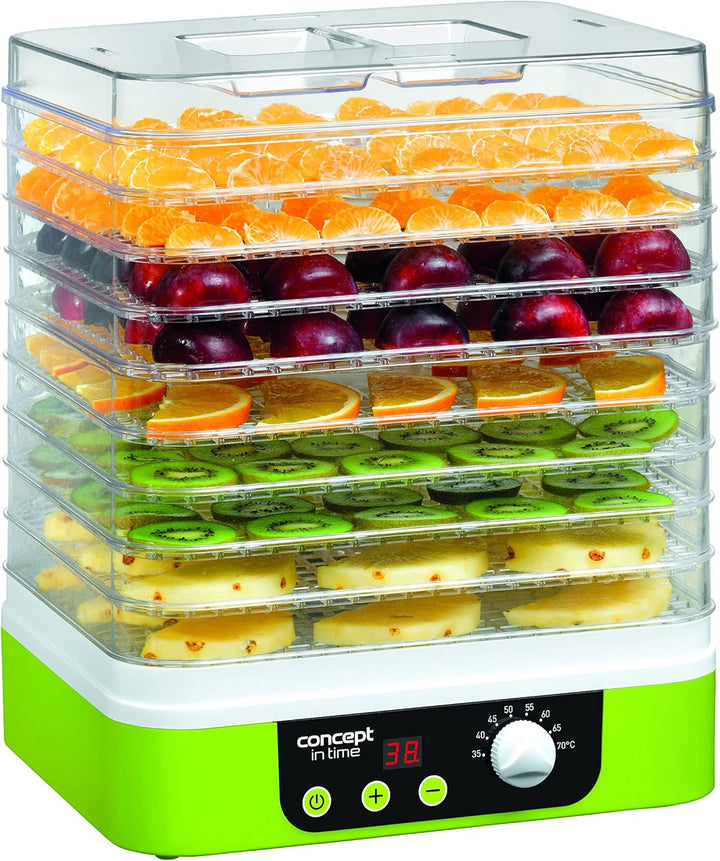 CONCEPT Hausgeräte SO1060 Dörrgerät IN TIME mit Zeitschaltuhr, 9 rechteckige Einlegeböden, grün, Dis