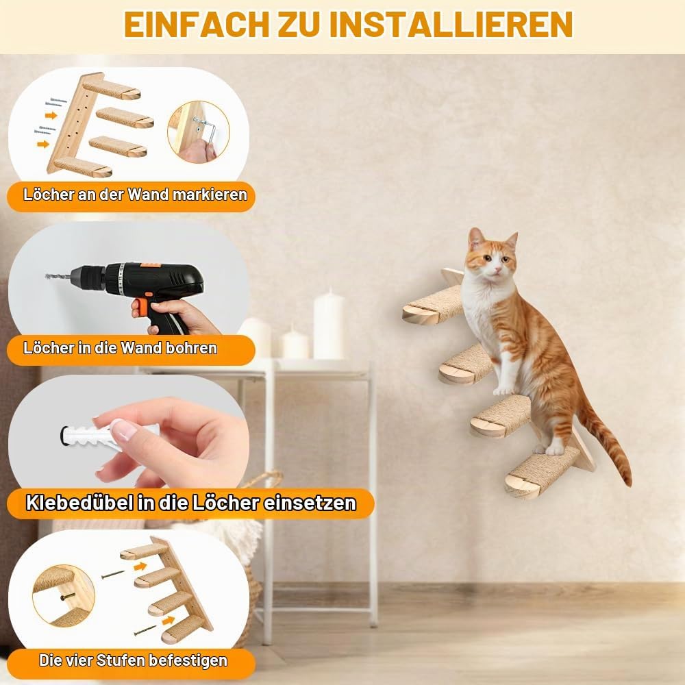 Katzentreppe Kletterwand Holz 4 Stufen Katzenleiter mit Juteseil &amp; Spielangel bis 15kg Traglast für