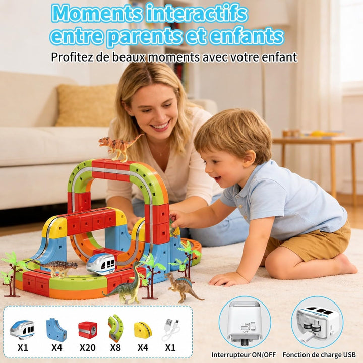 Clickrail Electric Train Set Flexible Race Track, Block Zug mit Dinosaurierspielzeug/Kokospalme/Aufk