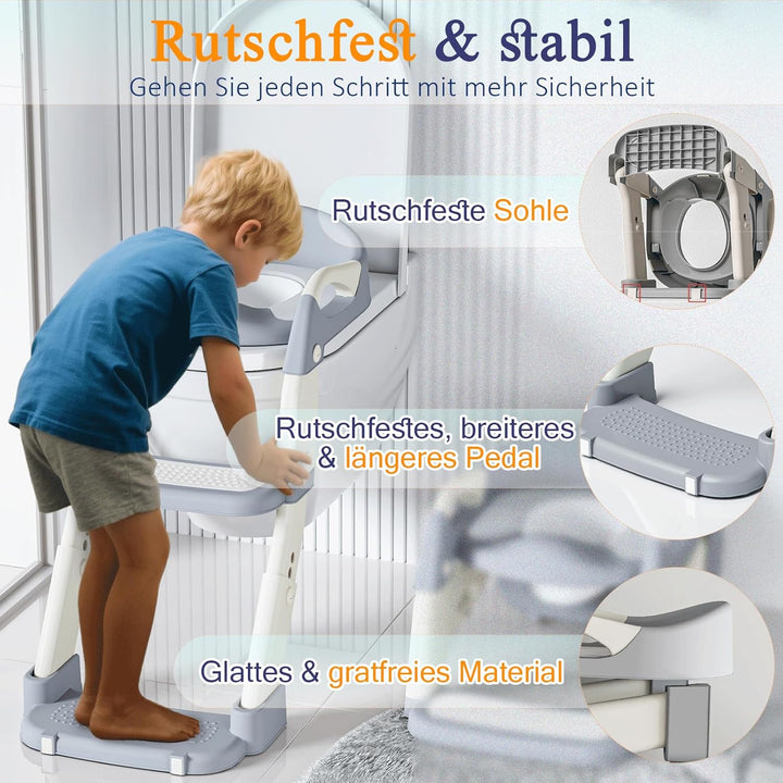 3 IN 1 Toilettensitz Kinder, Toilettenleiter für Kinder mit Verstellbar Treppe, Spritz und Rutschfes