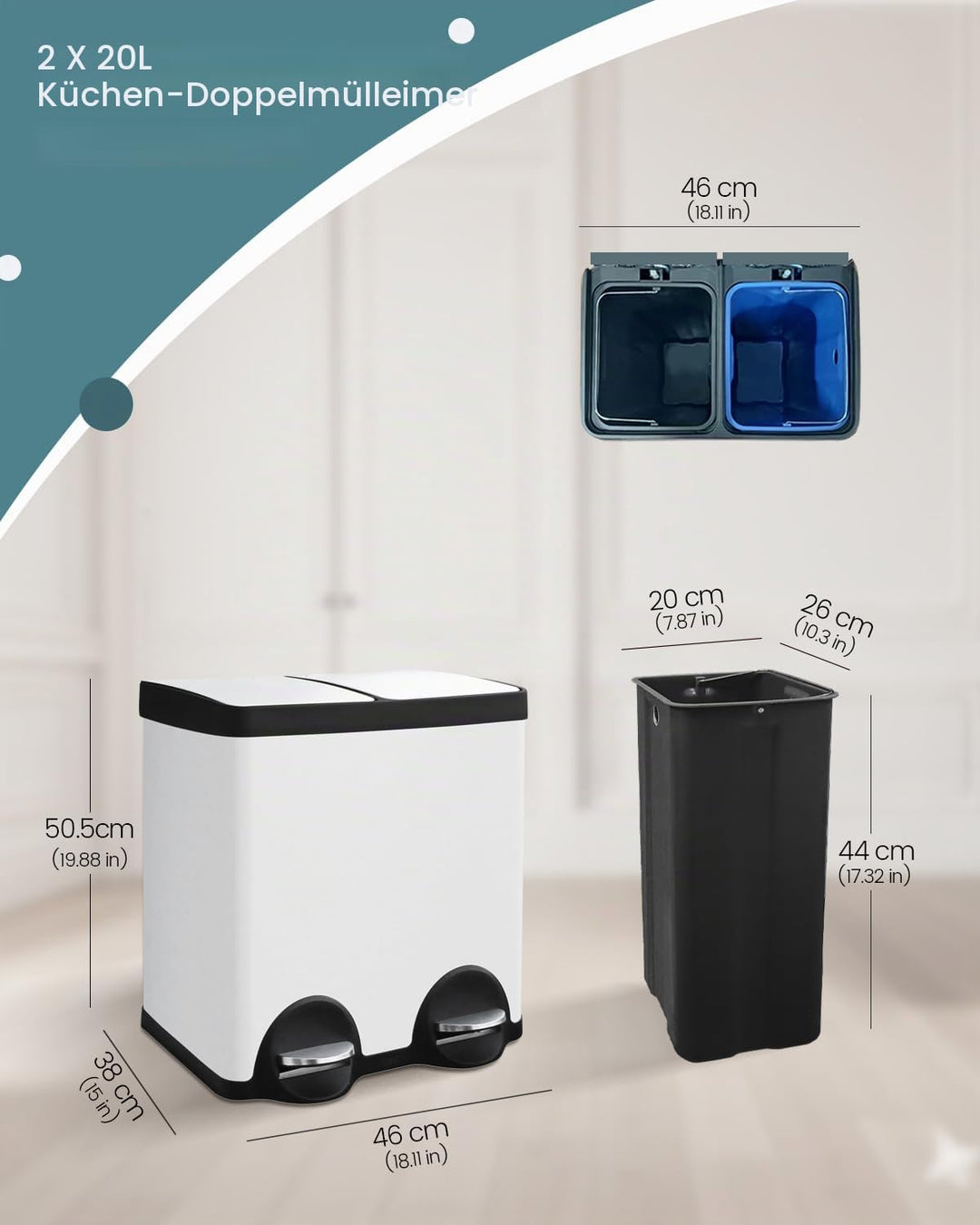 Mülleimer 2 fächer 40 liter,Mülleimer 2x20l,Mülltrennsystem 40l,Doppelmülleimer,Treteimer für Recycl