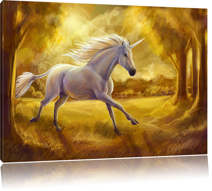 Pixxprint Einhorn im Wald / 100x70cm Leinwandbild bespannt auf Holzrahmen/Wandbild Kunstdruck Dekora