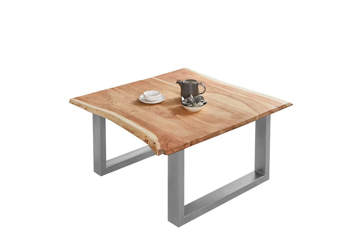 SAM Couchtisch Billy 80x80 cm Akazie Natur U-Gestell Silber | Baumkantentisch massiv, Akazienholz na