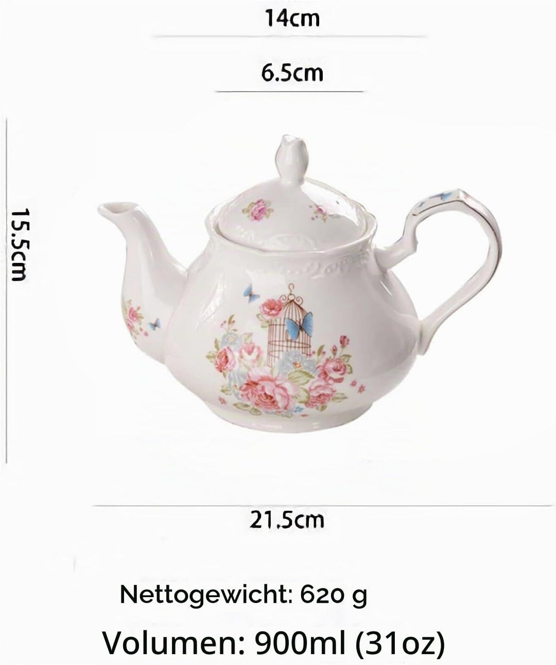 YBK Tech Strength Porzellan-Kaffeekanne, Keramik-Teekanne, rosa Rose (Teekanne + 2 Sets Tassen und U