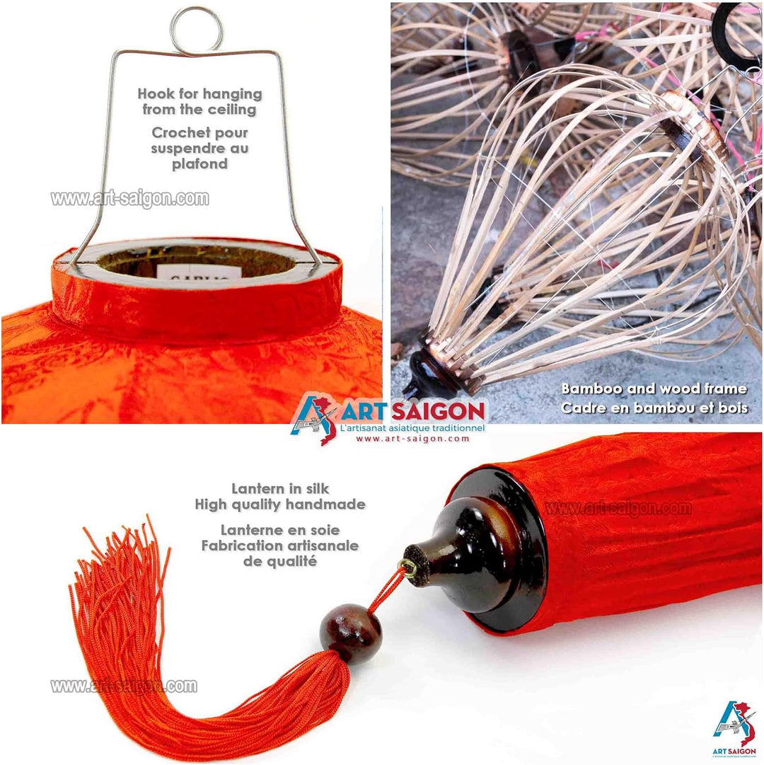 Lampion Asiatische Seide Rot G - Durchmesser Ø 33 cm - Hoi An Laterne aus Stoff, Bambus und Holz - V
