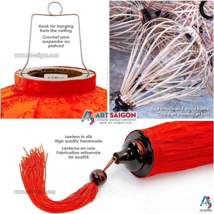 Lampion Asiatische Seide Rot G - Durchmesser Ø 33 cm - Hoi An Laterne aus Stoff, Bambus und Holz - V