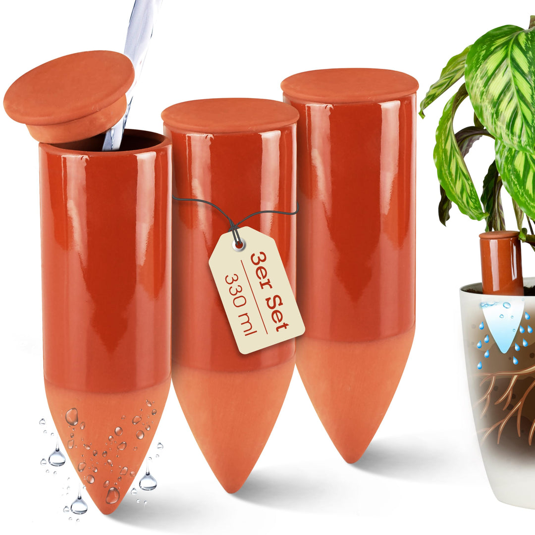 Terracotta Giesshilfe (3X 330 ml) handgefertigt für Bewässerung Zimmerpflanzen | Wasserstandsanzeige