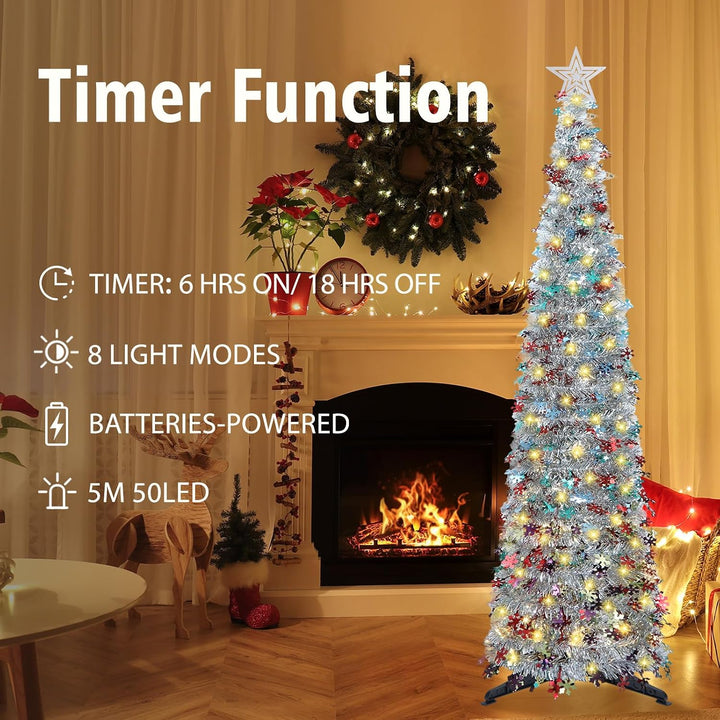 HMASYO 180 cm Pop-Up Lametta Weihnachtsbaum mit 100 Timer-Lichter und Fernbedienung, Zusammenklappba