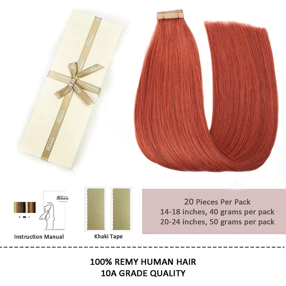 HotLulana Tape Extensions Echthaar Copper Red(#350) Extensions Echthaar 16zoll/40cm 40g Invisible Re