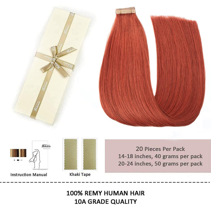 HotLulana Tape Extensions Echthaar Copper Red(#350) Extensions Echthaar 16zoll/40cm 40g Invisible Re