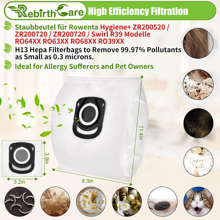 Rebirthcare 10 Stück Staubsaugerbeutel für Rowenta Hygiene+ ZR200520 ZR200720 ZR200920 Staubbeutel B