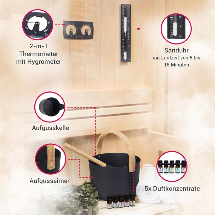 SULENO - Sauna Set KJELL | 9-teilig - Saunakübel, Saunakelle, Klimamesser 2in1, Sanduhr, Saunadüfte,