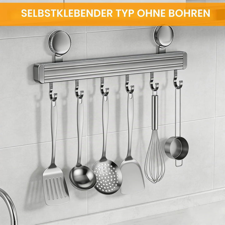 2 Stück Hakenleiste Küche ohne Bohren, Saugnapf Küchenstange aus Aluminiumlegierung, 6 bewegliche Ha