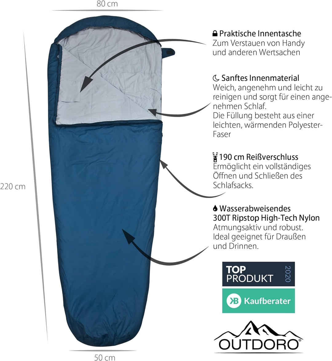 Outdoro ultraleichter Schlafsack 800g - kleines Packmass - leicht, dünn und warm - Idealer Sommersch