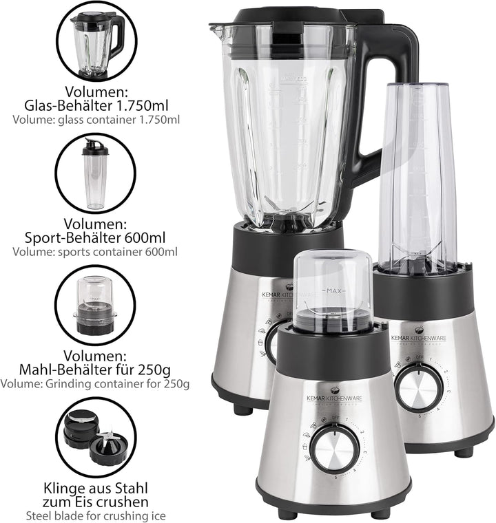 KeMar Standmixer 2-in-1 Edelstahl silber - 1,5l Glasbehälter 5 Programme 1000W abnehmbare Klinge - S