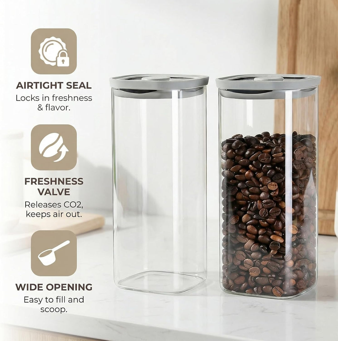 Luftdichtes Glas für Kaffeebohnen (2 Stück), Rechteckiges Vorratsglas mit Deckel, Insektensichere Gl